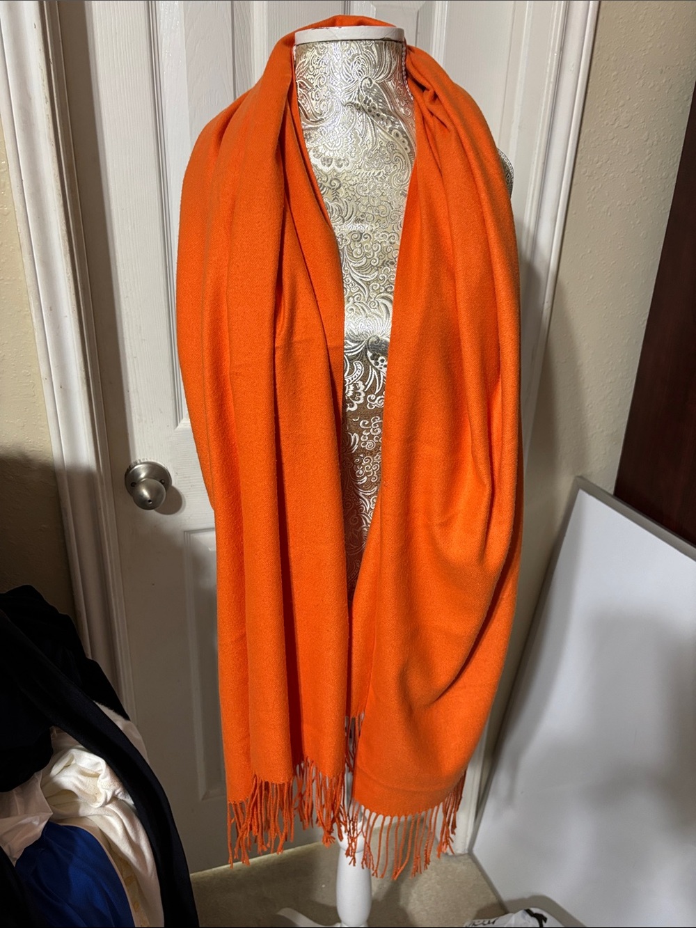 Classic Orange Cashmere Scarf with frills. Large: 75X27” preowned but never worn